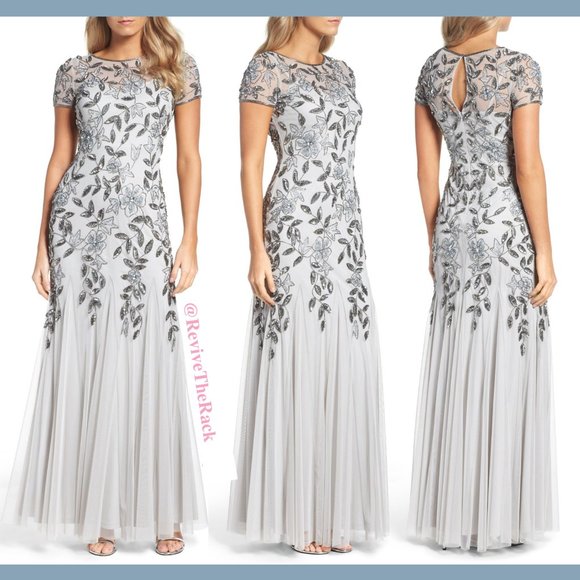 NEW $300 Adrianna Papell‎ Floral Hand Beaded Godet Gown in Silver [SZ 8 ] #M824 - Picture 1 of 9